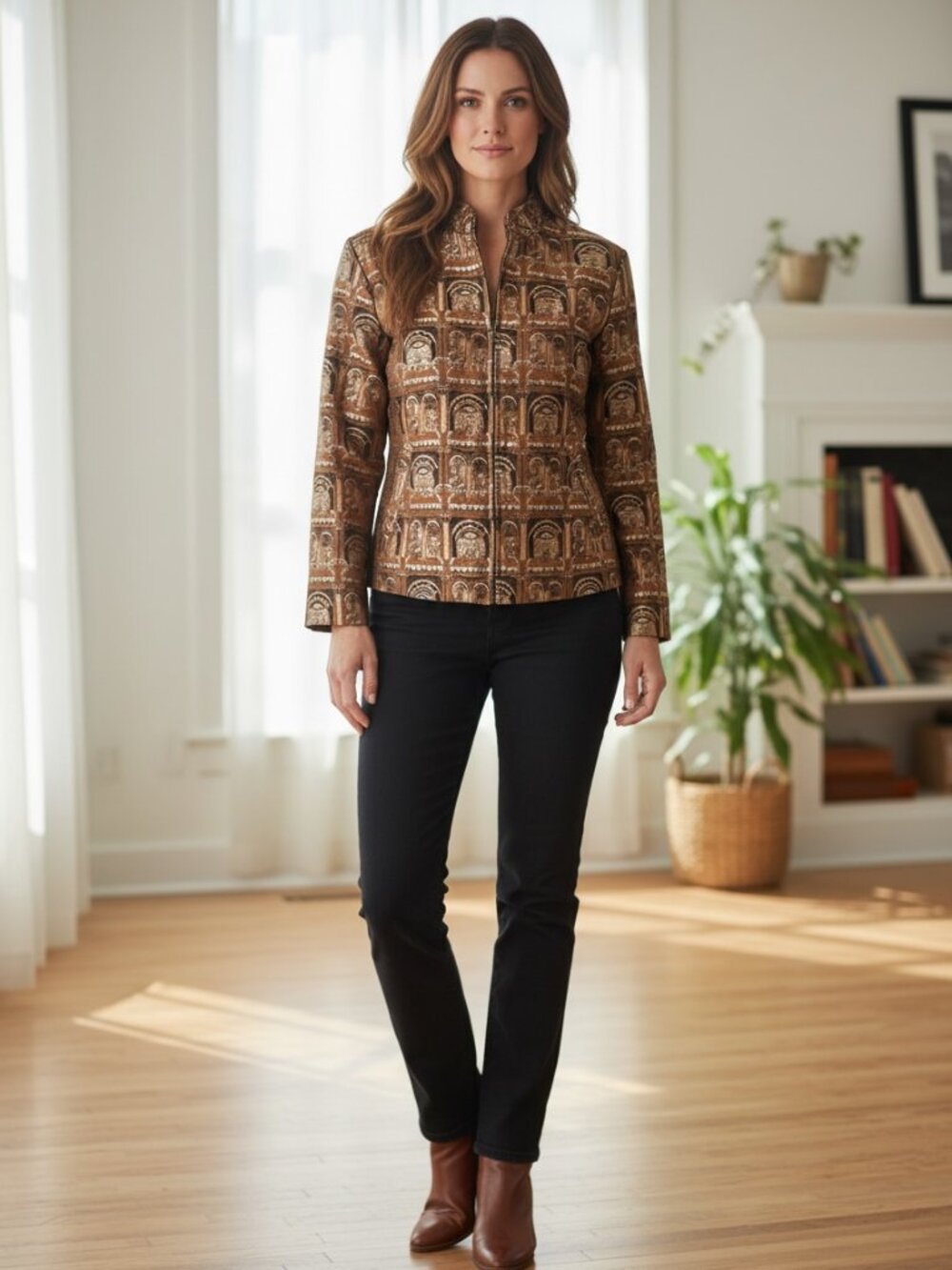 Chico's‎ Greco-Roman Print Silk Blend Jacket Sz 1 (M/8) Rust Black & Gold #298F